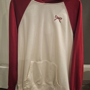 Red and White Raglan Light Weight Hoodie With Cute Embroidered Bow